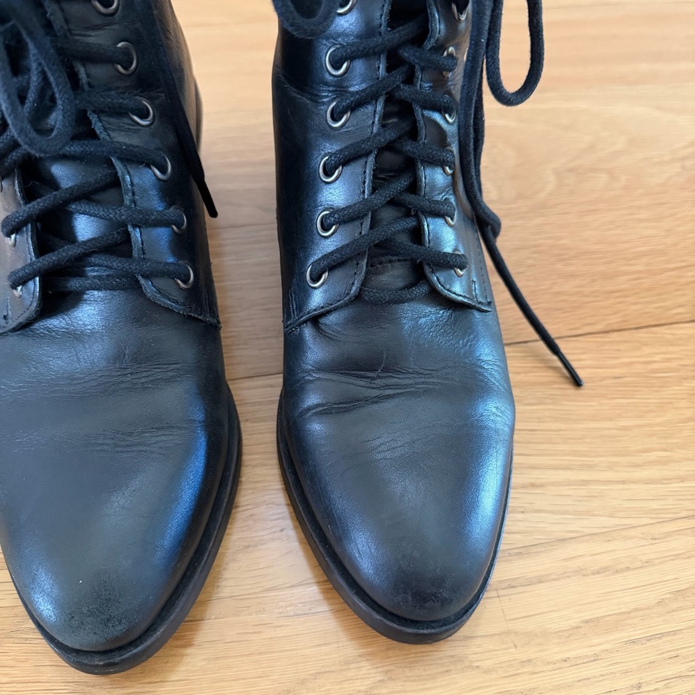 Black Leather Lace Up Ankle Boots - Picture 4 of 12